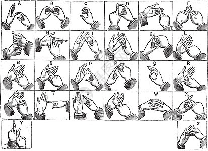 双手手工用字母法老式雕刻草图蚀刻艺术艺术品语言教育插图手指知识绘画图片