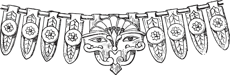 带牛头复古雕刻的埃及项链片段黑色吊坠人工制品装饰品艺术面具历史绘画古董蚀刻图片