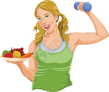 与哑铃和水果合影的健康女性的载体青少年娱乐福利盘子保健重量营养女士锻炼马尾辫图片