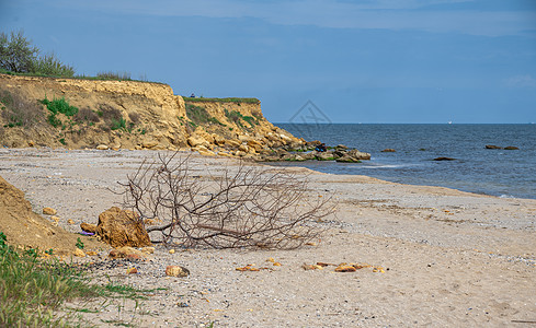 乌克兰敖德萨地区黑海海岸的海平面全景海滩乡村生态石头植物破坏自然悬崖海岸线图片