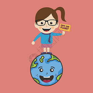 拯救我们的星球运动女孩举着牌子微笑地球土地行星眼镜气候气候变化全球女士喜悦图片