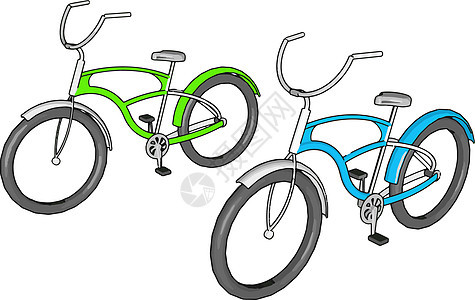 绿色和蓝色自行车 插图 白色背景的矢量图片
