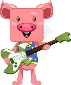 白色背景上带有的猪乐趣插图男人吉他手公猪手机乐器卡通片电影信用图片