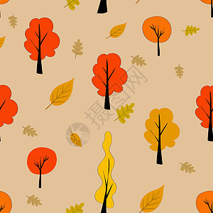 秋天无缝图案 黄 橙树和叶子 浅蜜色背景 斯堪的纳维亚风格图案图片