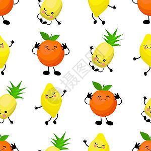 SEAMLESS模式异国水果香蕉 橙子 菠萝果樱桃红 可爱可爱的脸孔 厨房纺织或包装纸符号打印墙纸漫画菠萝糖果表情柠檬微笑热带图片