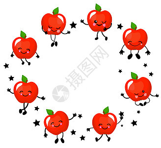 苹果字符 有脸和笑容的有趣的水果 圆红色苹果花圈图片