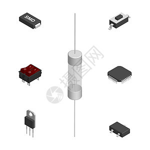 一组不同的 3D 电子元件矢量图金属按钮电容器控制维修处理器电压电气微电路断路器图片