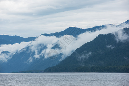 阿尔泰山区福吉特莱斯科耶湖薄雾爬坡太阳绿树地平线反射天空环境松树海浪图片