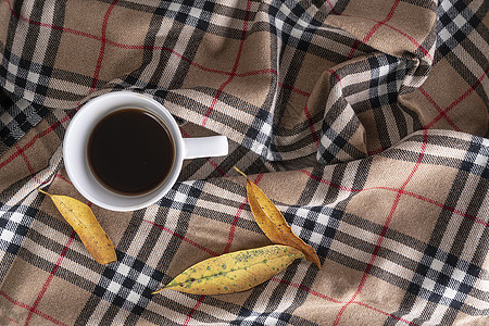一杯咖啡和餐桌上的围巾木头桌子乡村叶子杯子树叶羊毛成人情绪季节图片