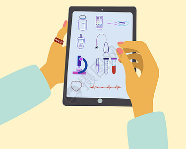 手握移动装置 屏幕上有医用图标图片