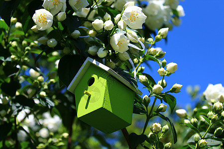 花园的茉莉花里的鸟屋问候问候语茉莉鸟类花序茉莉花枝援助名片巢箱明信片图片