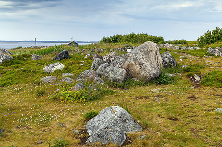 俄罗斯大扎亚茨基岛苔原白色大剧院海岸天空绿色石头旅行旅游群岛图片