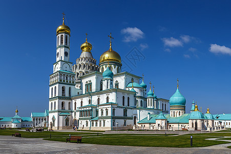 俄罗斯新耶路撒冷修道院地标天空金子教会圆顶旅行晴天寺庙旅游蓝色图片