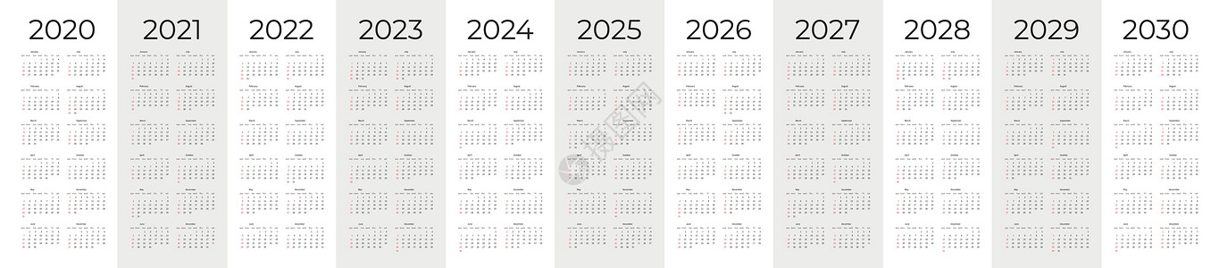 2020 - 2030 年的简单日历集 简单的可编辑垂直矢量日历图片