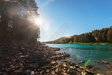 卡吞河 秋天阿尔泰山公园岩石蓝色森林天空全景风景石头顶峰生态图片