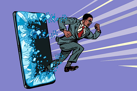 非洲商务人士冲屏幕电话小工具智能手机 在线互联网申请服务程序漫画经理技术人士男性动机成就进步艺术流行音乐图片