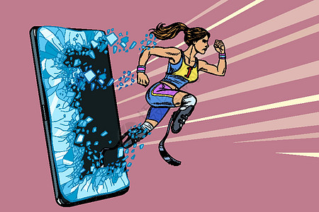 带假肢的女赛跑者残疾腿 电话小工具智能手机 在线互联网申请服务程序器具冠军成人屏幕女性卡通片技术跑步锻炼运动员图片
