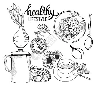以健康早餐食品 茶叶 茶壶和谷物颗粒图片