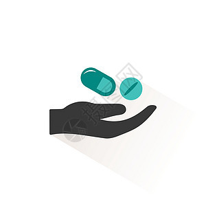 手和药丸 带有米色阴影的平面图标 它制作图案药房和医学载体图片