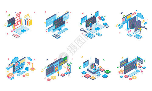 设置在白色背灰色上的编程和编码技术设备电脑开发商软件监视器网络桌面语言数据键盘员工图片