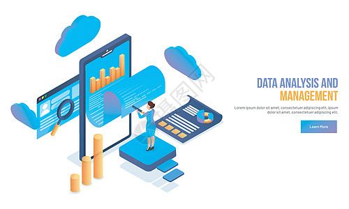 数据分析和管理概念网络横幅设计 带有等离展示网站页面用户屏幕报告技术放大镜反应公司图片