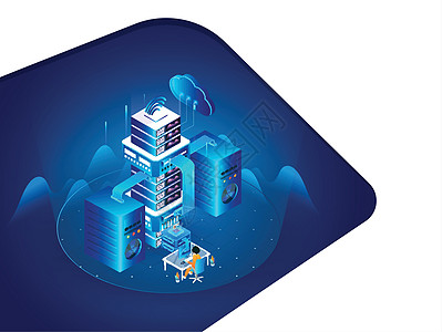 连接到云服务的本地服务器的等轴图云计算用户互联网基础设施贮存分析笔记本创造力网络员工图片