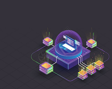 三维插图 与笔记本电脑相连的加密采矿服务器数据库用户界面处理器等距互联网图表托管社交计算图片