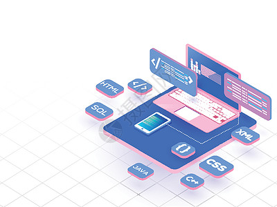 具有不同编程语言的笔记本电脑的 3D 插图开发商反应技术互联网海报程序员媒体软件数据语言图片