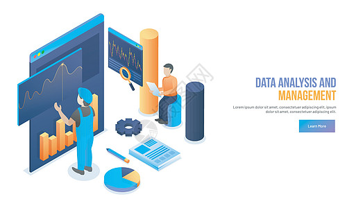 具有等距图案的数据分析和管理概念屏幕网络网页营销信息公司放大镜图表饼形金融图片