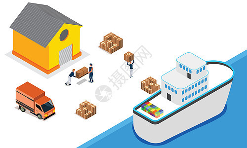 载运卡车和船舶 海运或航运货物的集装箱装货员图片