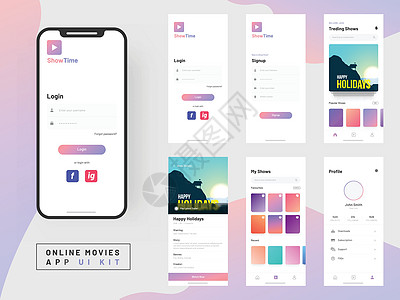 响应式移动应用程序或网站 wi 的在线电影应用程序 UI 套件体验界面技术材料触摸屏设计电子商务部件屏幕用户界面图片