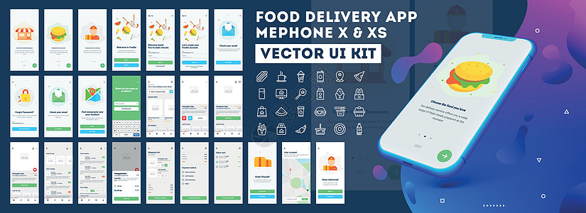 食品配送移动应用程序 UI 套件 包括注册食品菜单社交早餐材料屏幕反应餐厅媒体触摸屏技术食物图片