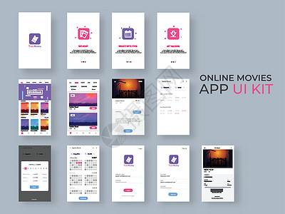 响应式移动应用程序或网站 wi 的在线电影应用程序 UI 套件反应社交控制板成套设计屏幕营销预览商业手机图片