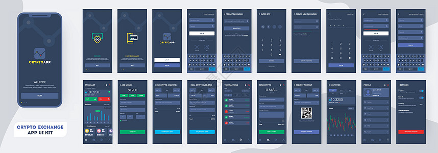 具有差异的响应式移动应用程序或网站的加密应用程序 UI 套件预览手机数据触摸屏科学金融货币密码学屏幕技术图片