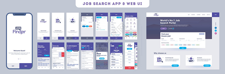 用于响应式移动应用程序或网站 w 的求职应用程序 ui 套件图片