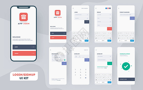 材料设计 UI UX 和图形界面布局 使用不同的登录 Screee屏幕手机小样商业服务用户技术公司保障社交图片