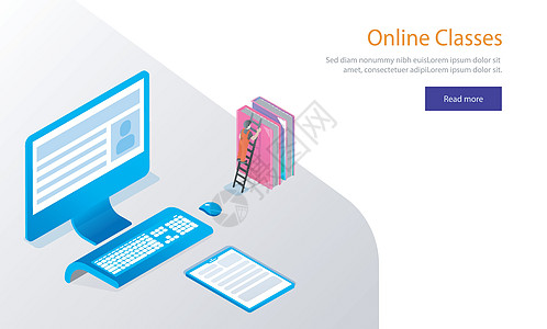 网站模板设计 带有书籍和优选内容的等度台式计算机图片