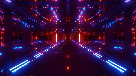未来派科幻隧道走廊 3d 插图壁纸背景机库辉光蓝色运动反射窗户艺术橙子玻璃反光图片
