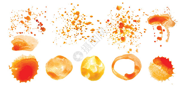 一组矢量橙汁溅在白色背景上黄色艺术红色斑点水彩画刷子橙子草图墨水插图图片