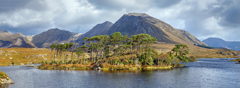 爱尔兰戈尔韦县湖风景与湖泊公园蓝色荒野天空松树全景爬坡旅行国家图片