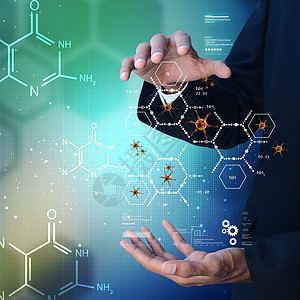 男性显示带有病毒的分子商务屏幕研究员公式老师生物专家化学家实验室创新图片