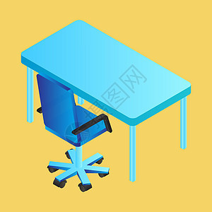 黄色背景的测深蓝色桌子和办公桌椅背景图片