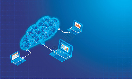 与闪亮的蓝色 bac 上的云服务器连接的等距笔记本电脑高科技智能电子社交媒体数据数据库服务器商业生长背景图片