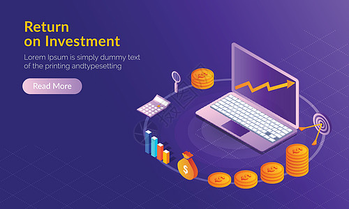 投资回报(ROI)概念 硬币等量度笔记本电脑图片