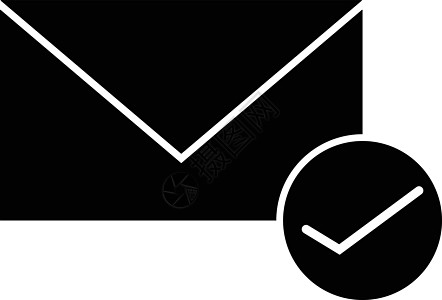 平面样式批准邮件图标黑色字形白色信封电子邮件检查媒体互联网设计按钮图片