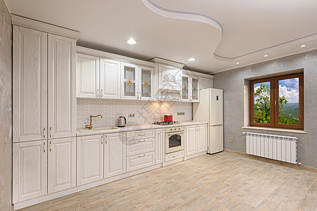 现代白色和蜜蜂式豪华奢华厨房内家具散热器房子储物柜窗户器具曲线烤箱公寓天花板图片