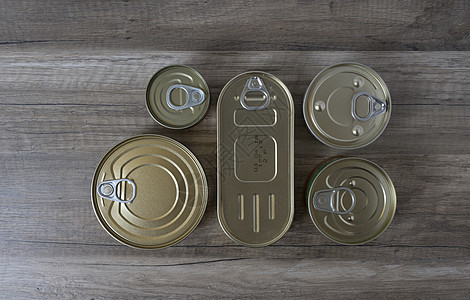木制背景的锡罐作为食物小吃金属店铺盒子营养贮存回收物品厨房烹饪图片