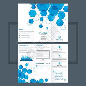 带有蓝色六角形 sh 的商业三折传单或传单设计海报推介会文档营销通讯插图报告文件夹目录打印图片