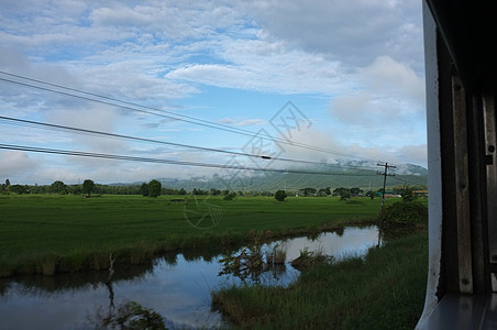 在泰国 从火车窗口观看乡村与天空运动 天气晴朗温暖运动农村窗户乘客旅游玻璃蓝色天空铁路海滩图片