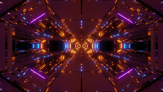 未来派高反光科幻空间隧道走廊机库 3D 插图墙纸背景与玻璃窗运动小说艺术玻璃粉色3d反射橙子渲染蓝色背景图片